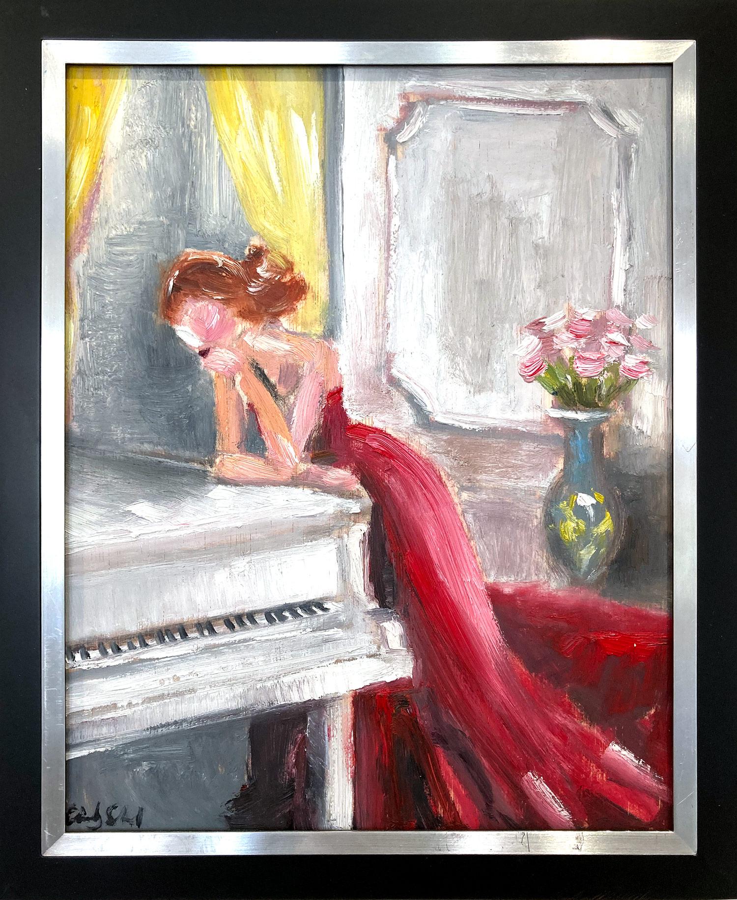 Cindy Shaoul Figurative Painting - "Thinking of Her Next Song " Haute Couture & Piano Impressionistic Oil Painting