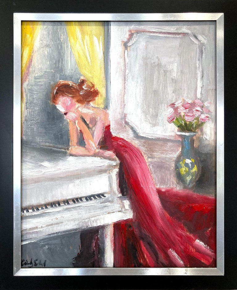 "Thinking of Her Next Song " Haute Couture & Piano Impressionistic Oil  Painting