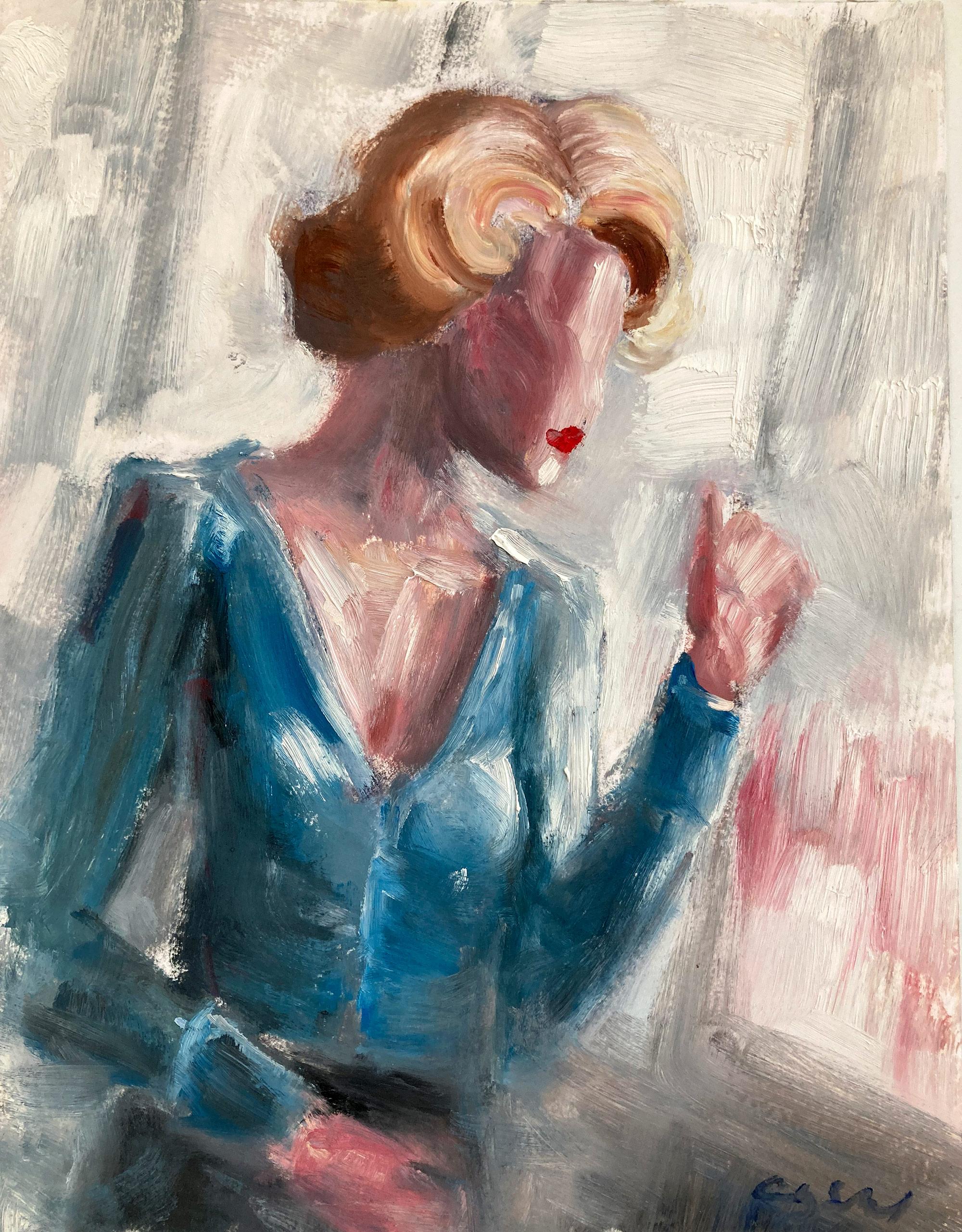 Cindy Shaoul Abstract Painting - "Thinking of Paris" Impressionist Figure of Pensive Woman Oil Painting on Paper
