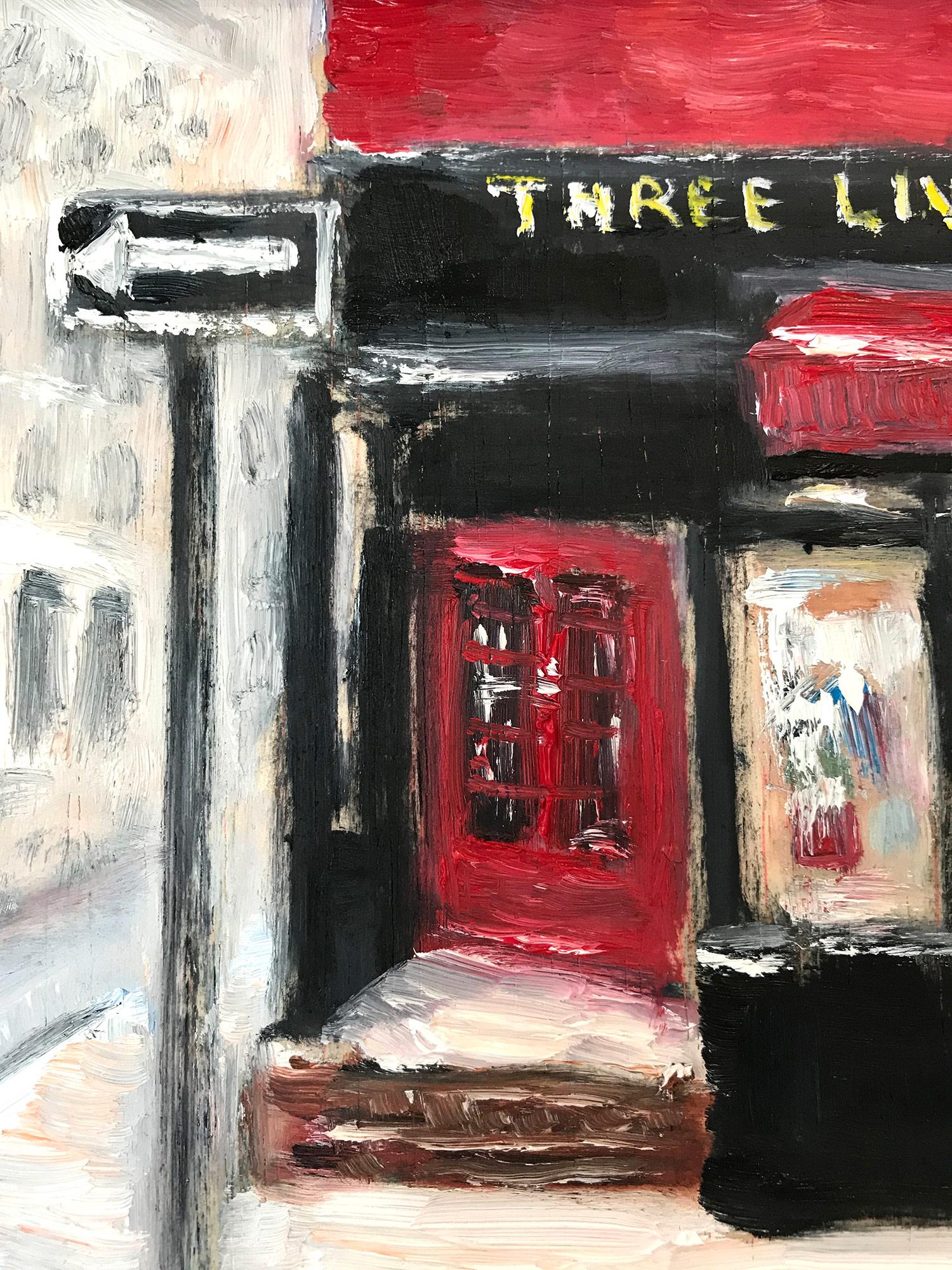 A charming depiction of Three Lives & Co Book Shop. A cozy impressionistic scene with warmth and feeling. A whimiscal scene with stunning details and beautiful brushwork. A Plein Air painting, this piece captures the essence of a Greenwhich living,
