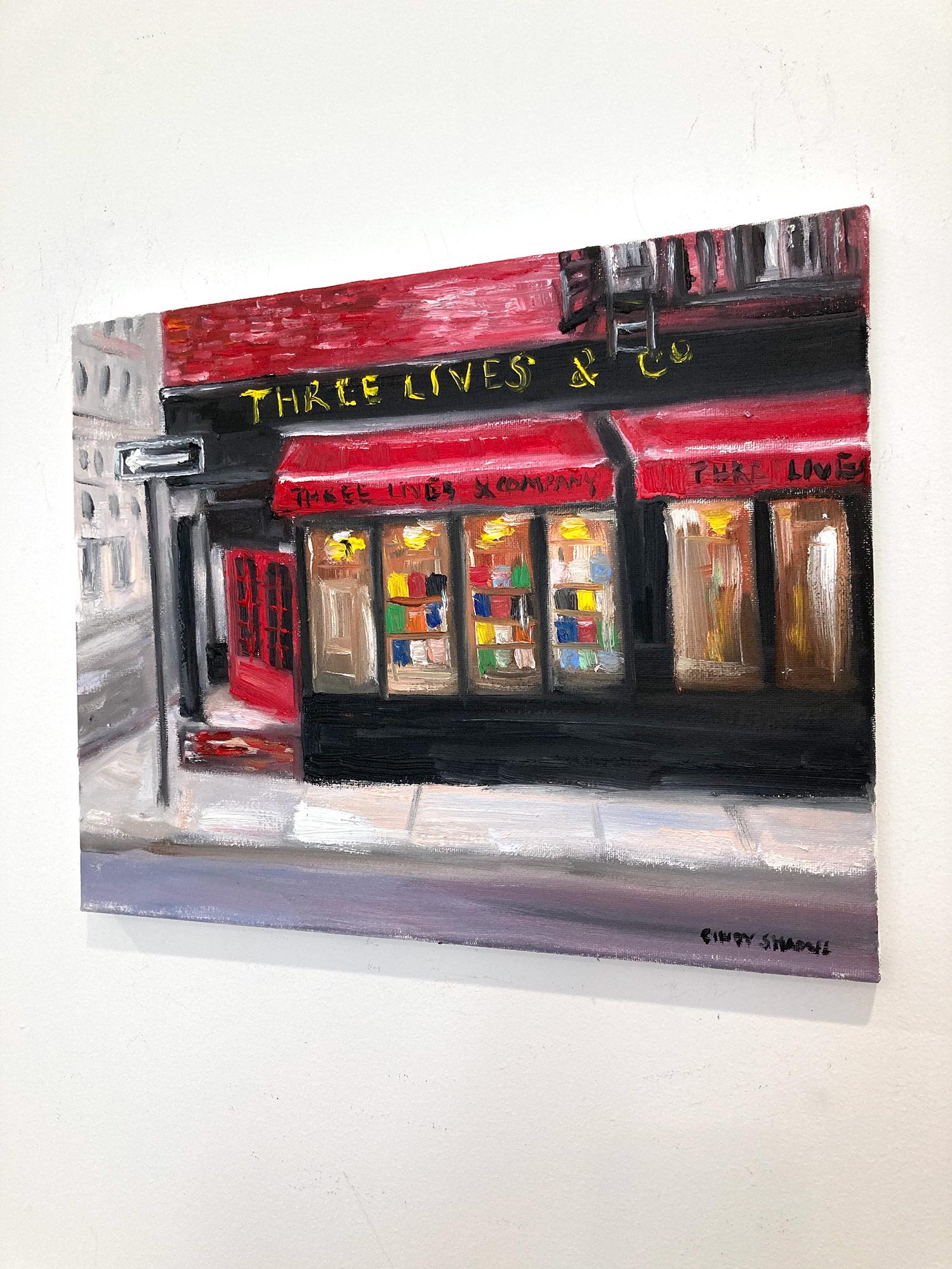 A charming depiction of Three Lives and Co. Book Store located in the West Village in Manhattan. A cozy impressionistic street scene with colors of vibrant red, lush greens, and yellow ochres. This painting was painted on sight by the artist. An