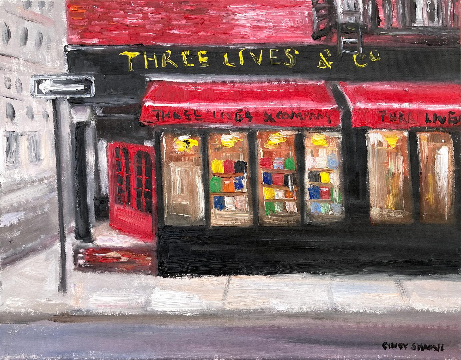Cindy Shaoul Figurative Painting - "Three Lives & Company" West Village Book Store Street Scene in New York City