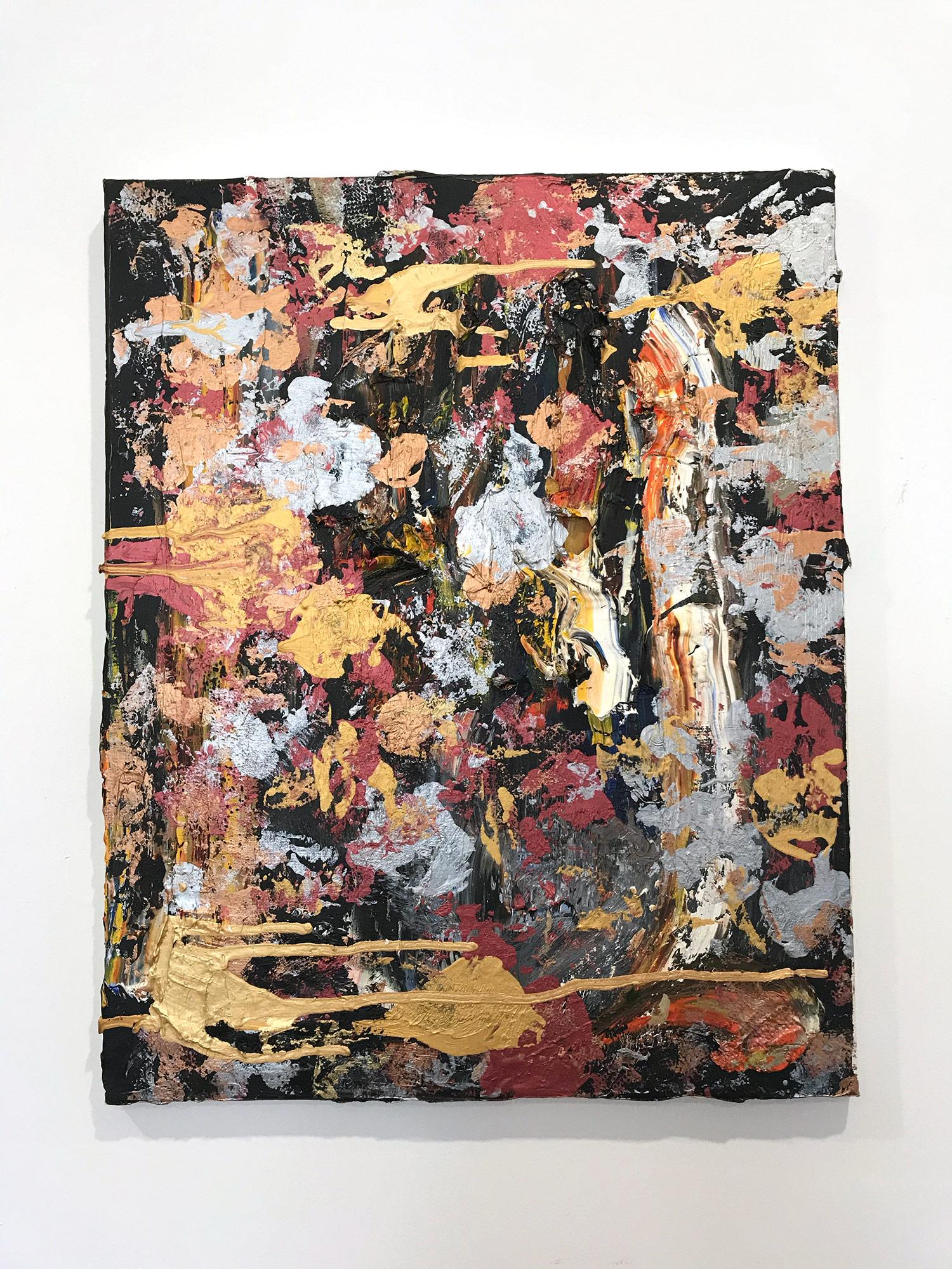 With layers of bright oils and whisking brush strokes, the paint is able to shine and shimmer in a very unique pattern. The artist uses gold drips, mixed media and, pieces of glass to add a very contemporary, Urban feel. The way the paint blends and