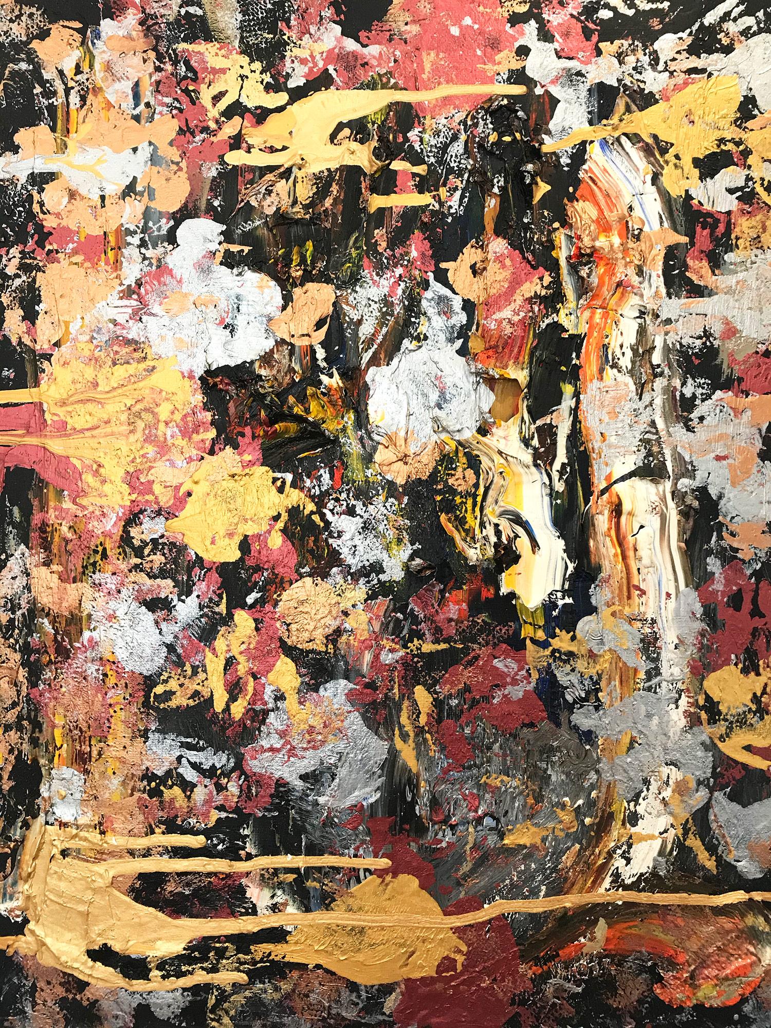Cindy Shaoul Abstract Painting – „Through it All“ Buntes zeitgenössisches Gemälde in Öl und Mischtechnik auf Leinwand
