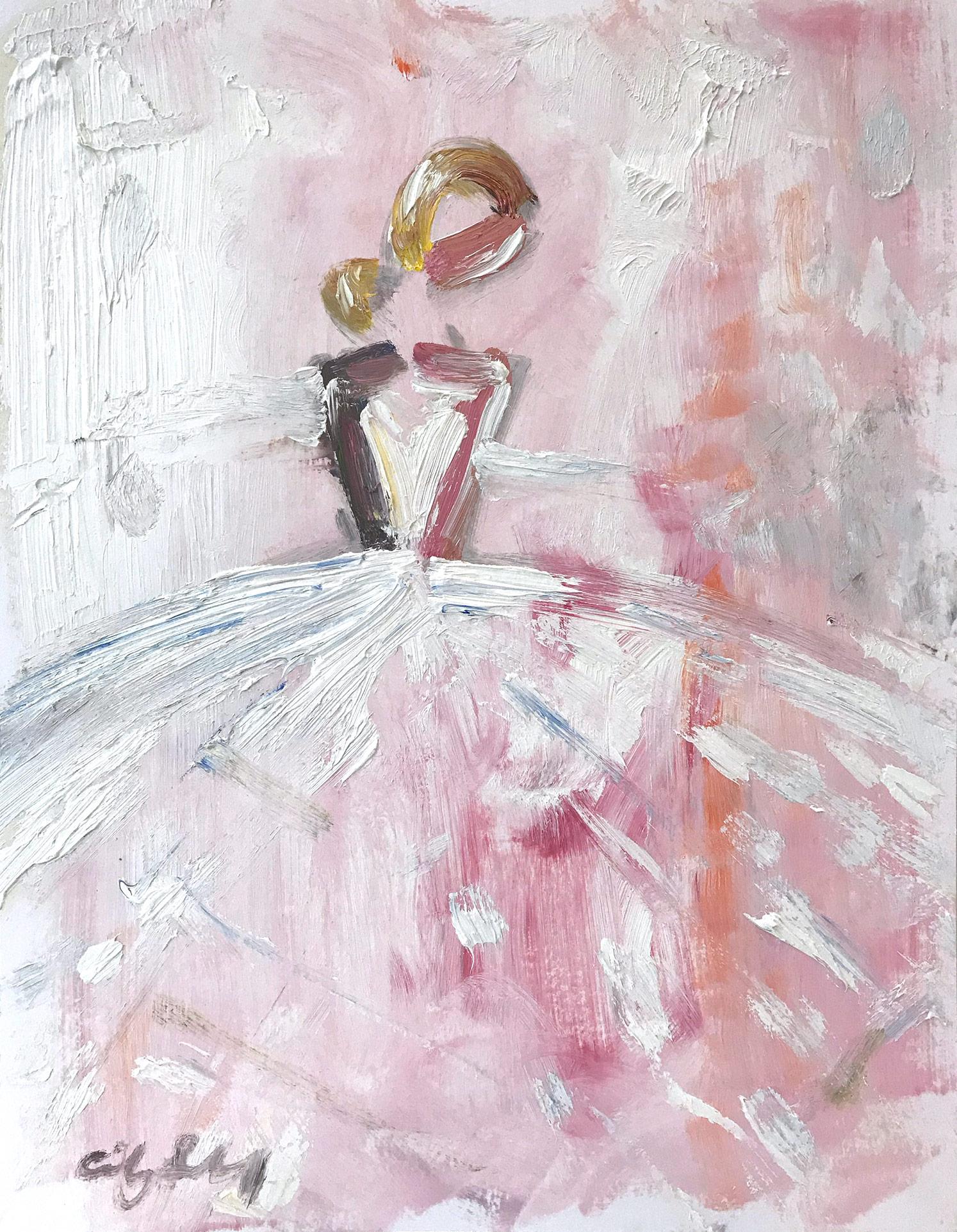 Cindy Shaoul Abstract Painting - "Tiffany in Paris" Figure with Gown French Haute Couture Oil Painting on Paper