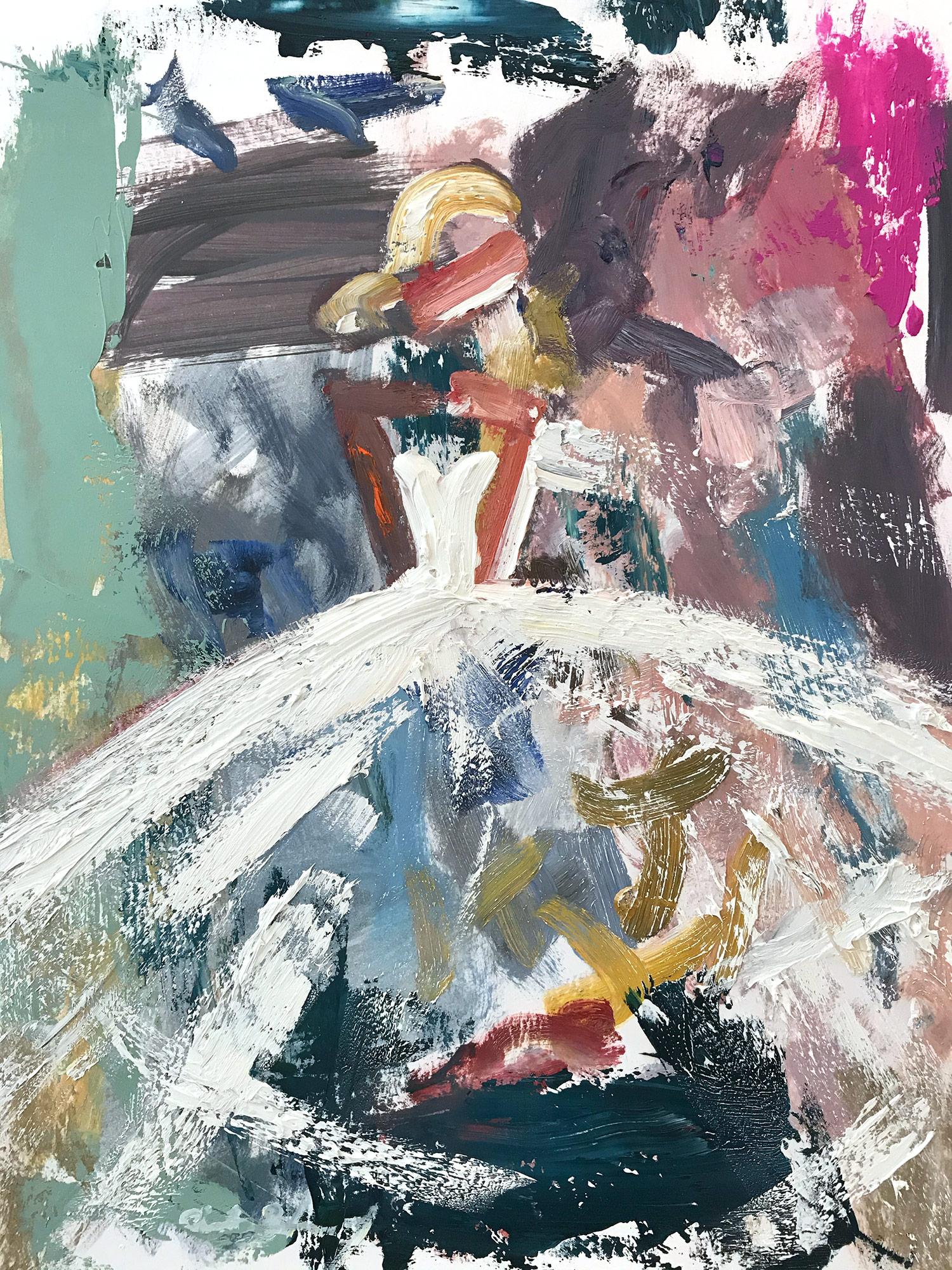 Abstract Painting Cindy Shaoul - ""Tovah" - Figure abstraite avec robe - Peinture à l'huile sur papier de haute couture française