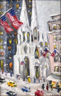 "Trinity Church 5th Avenue" Impressionist Oil Painting Snow in New York City