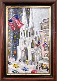 Impressionistisches Ölgemälde „Trinity Church 5th Avenue“ Schnee in New York City