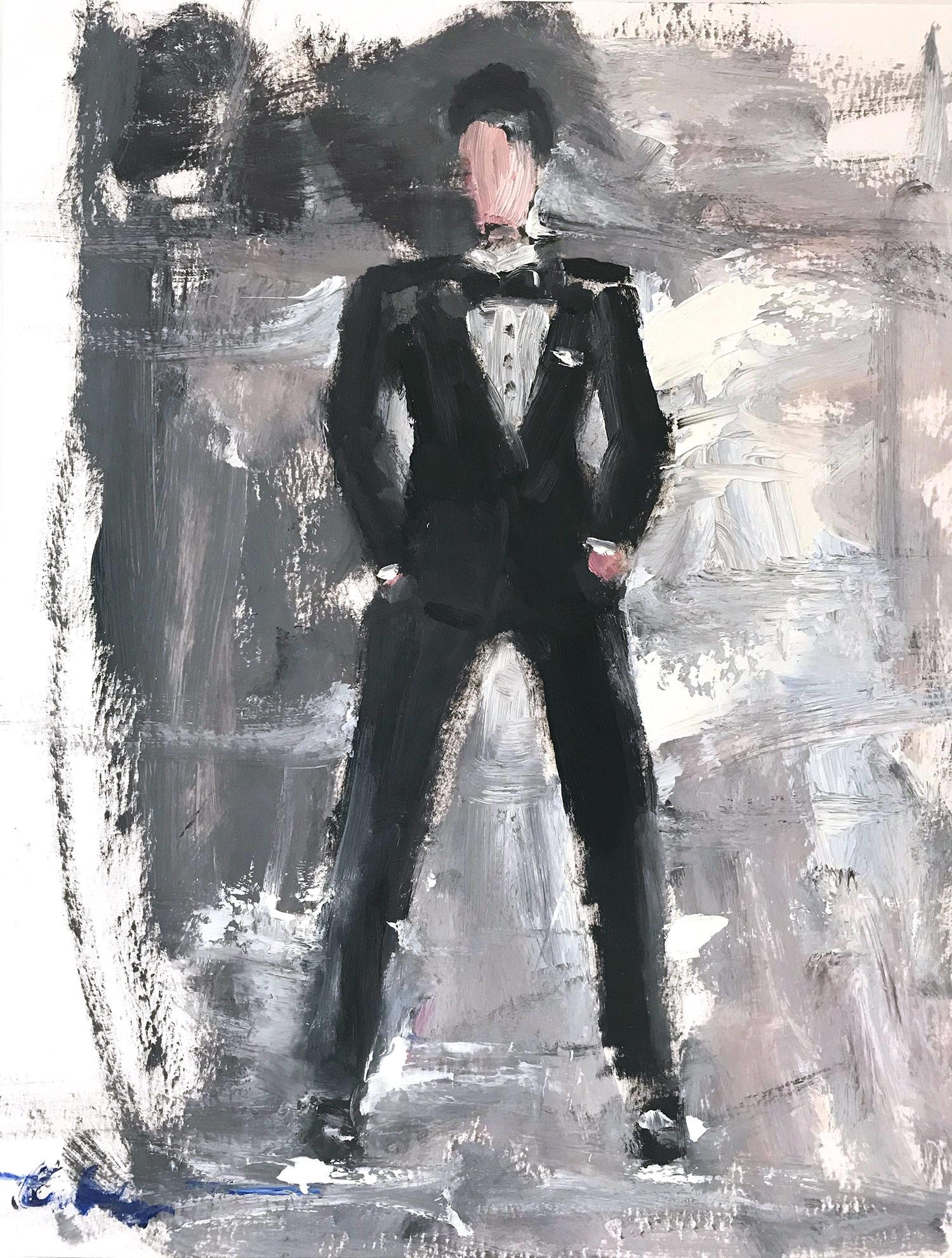 Cindy Shaoul Abstract Painting - "Tux" Figure wearing Saint Laurant Tuxedo in London Oil Painting on Paper 