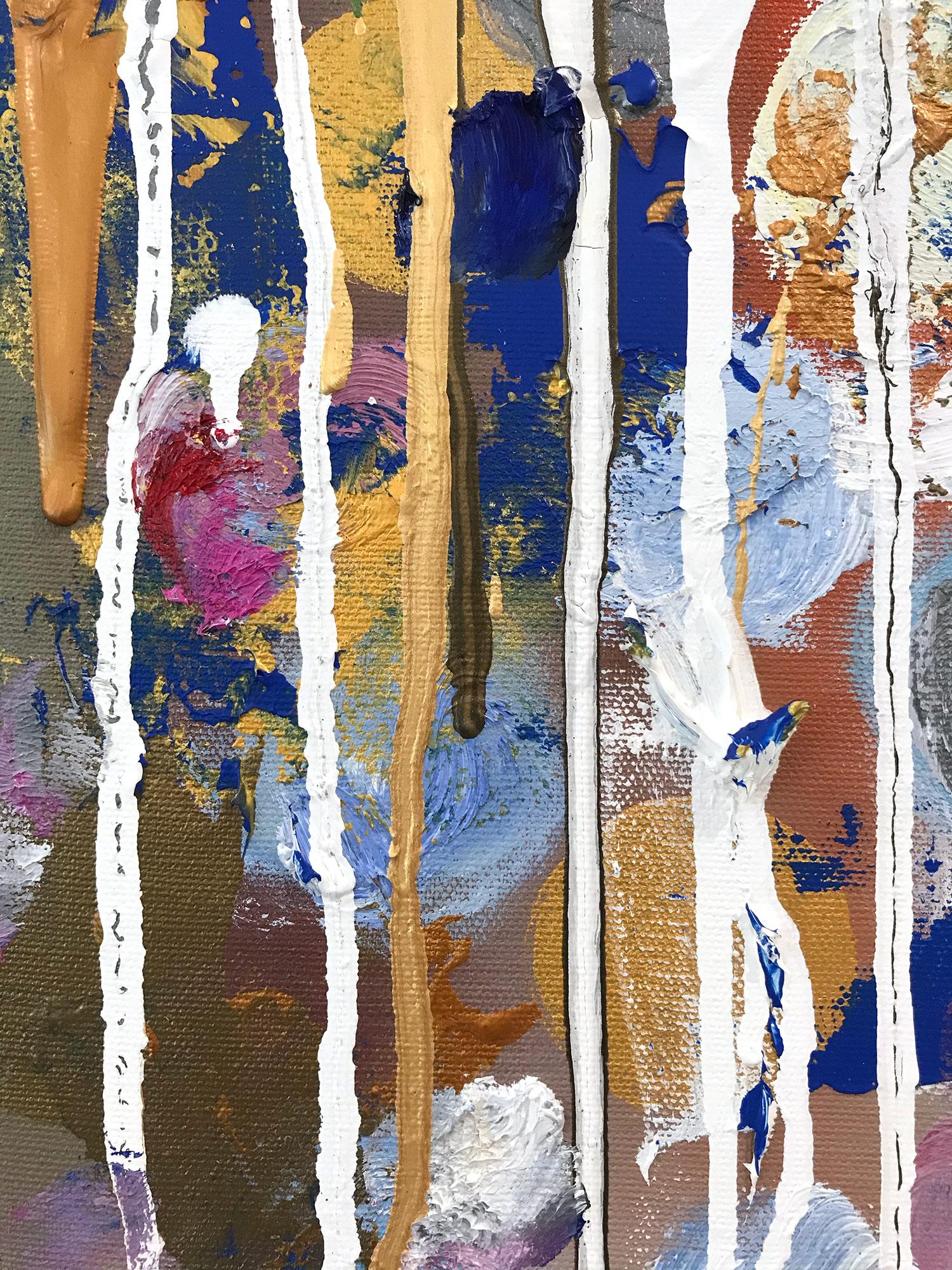 With layers of bright oils and whisking brush strokes, the paint is able to shine and shimmer in a very unique pattern. The artist uses gold drips, mixed media and, pieces of glass to add a very contemporary, Urban feel. The way the paint blends and