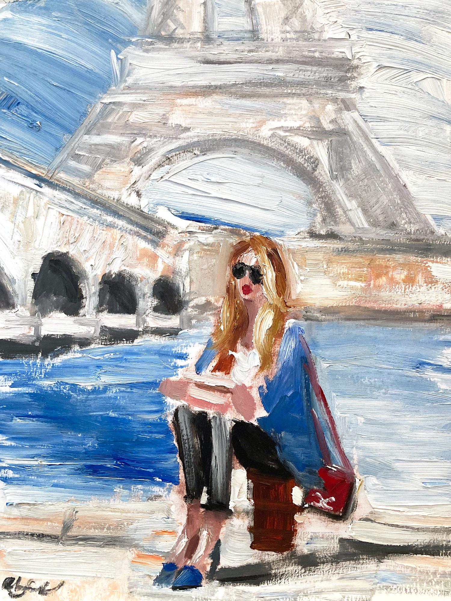 Cindy Shaoul Abstract Painting - "Under the Eiffel Tower" Figure in Haute Couture Fashion Oil Painting on Paper