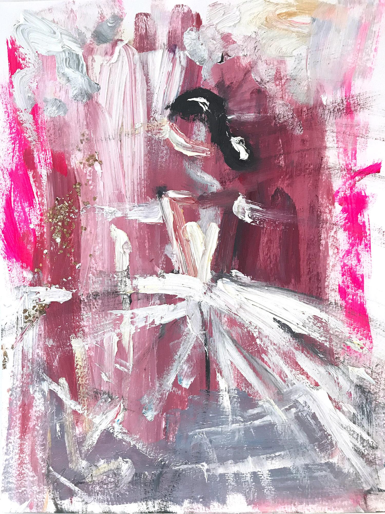 Figurative Painting Cindy Shaoul - Peinture à l'huile sur papier - Figure « Valentina » avec robe de haute couture française