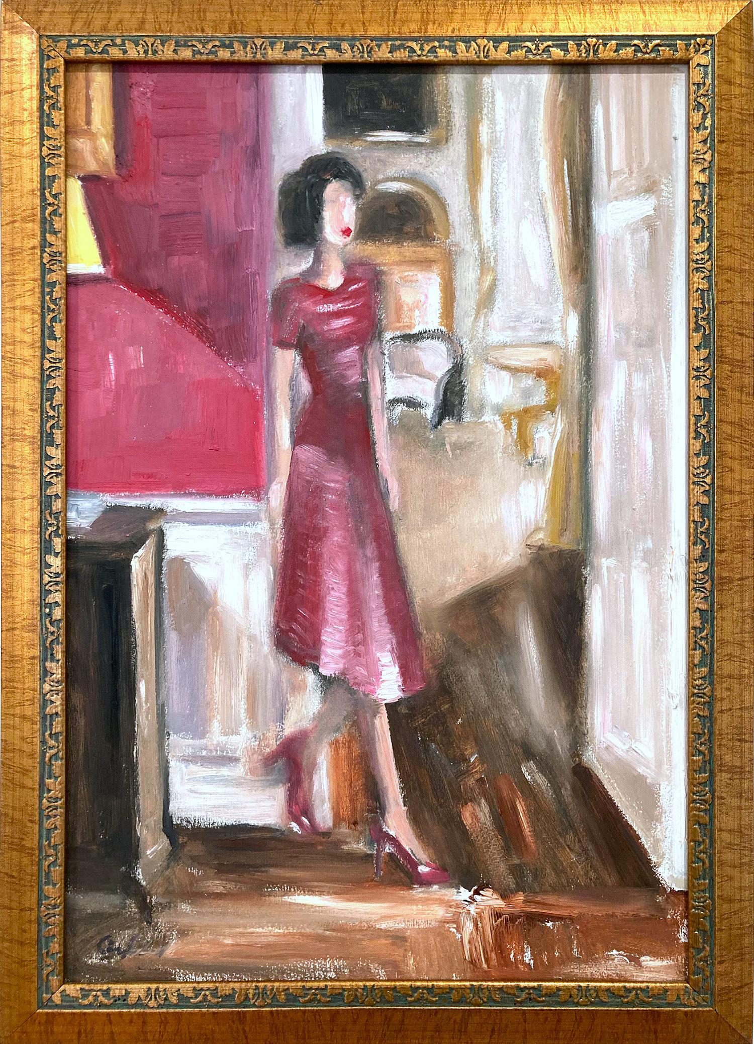 Cindy Shaoul Abstract Painting - "Vanessa Kirby in The Crown" Figure wearing Chanel Impressionist Oil Painting