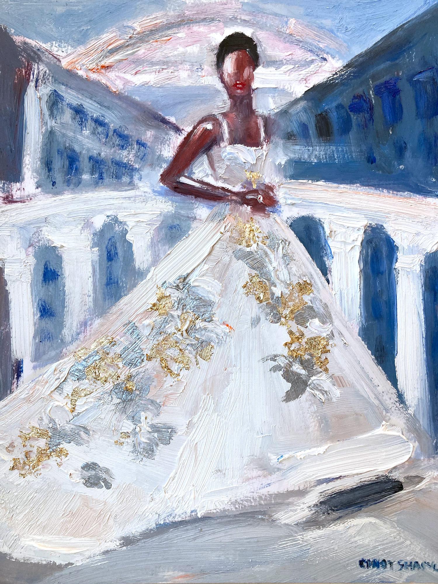 Cindy Shaoul Figurative Painting - "Venetian Getaways" Figure in Dolce Gabbana Gown Haute Couture Oil on Paper