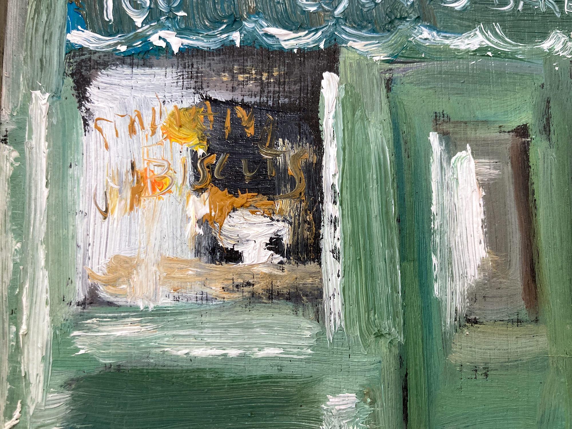 Questo dipinto raffigura una scena impressionistica Plein Air della Vesuvio Bakery nel West Village di New York. Le pennellate spesse e i segni divertenti creano un'atmosfera che ricorda gli impressionisti del XX secolo. Possiamo percepire il