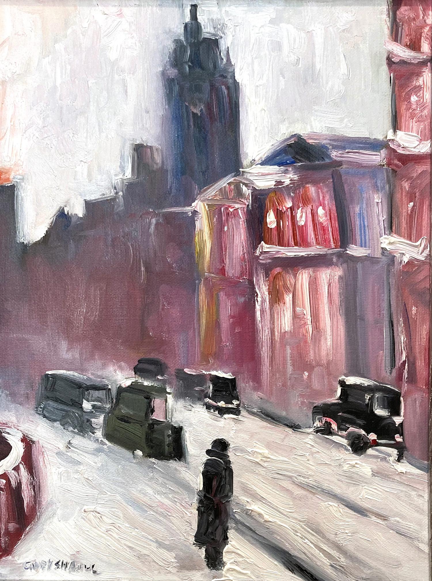 „View of the Empire State NYC in Snow“ Impressionistischer Aschenbecher im Stil der Ashcan School  – Painting von Cindy Shaoul
