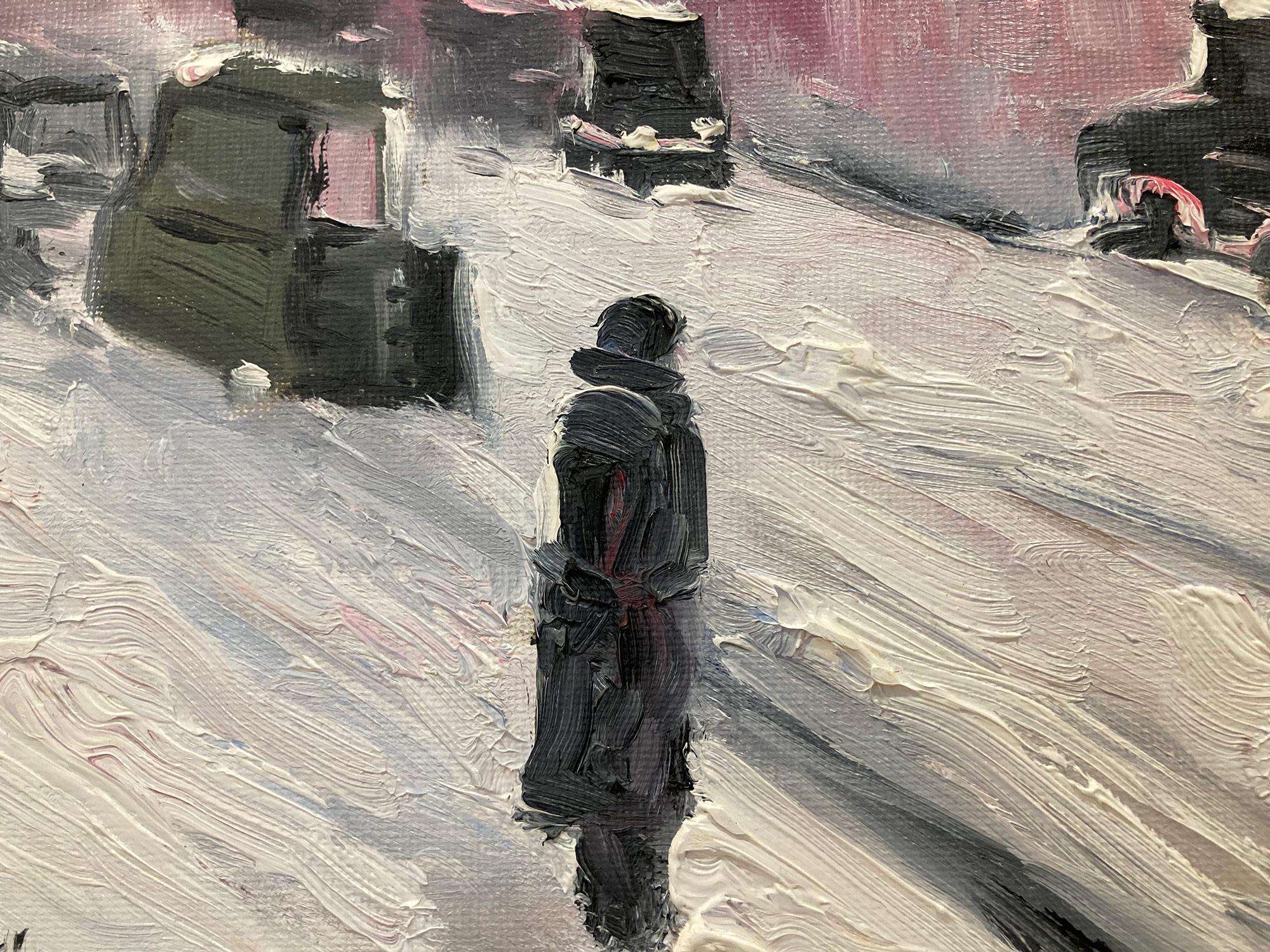 An impressionistic depiction of a figure in the snow with cars and buildings in the busy City Streets. The Empire State Building is portrayed in the background as the snow filled streets brings a sense of nostalgia. This painting goes back in time