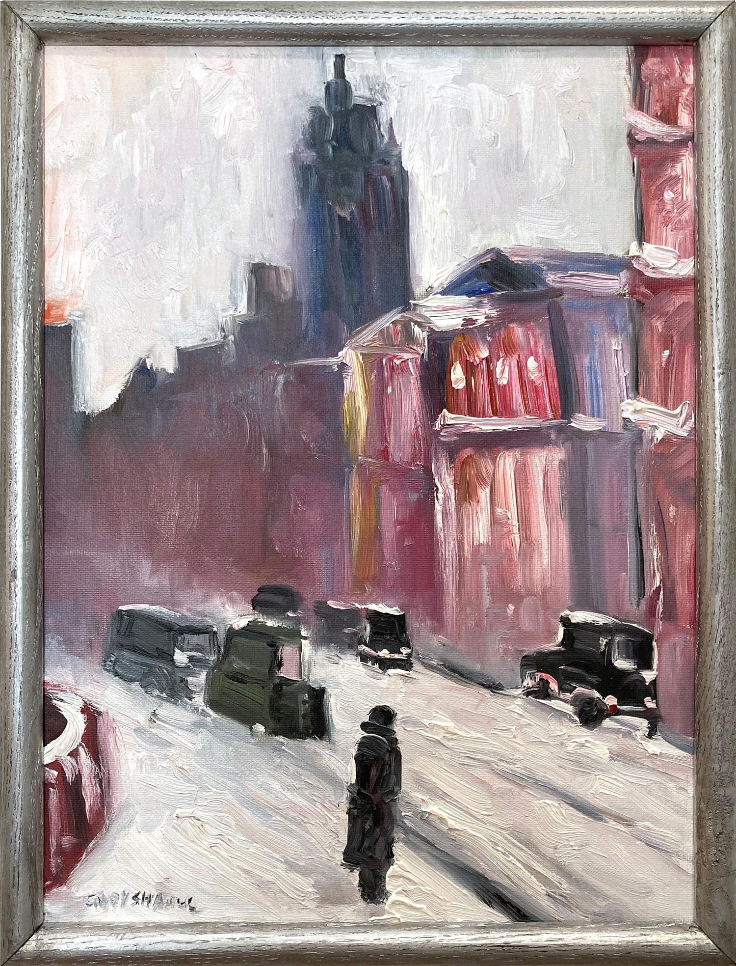 Cindy Shaoul Figurative Painting - "View of the Empire State NYC in Snow" Impressionistic Ashcan School Style 
