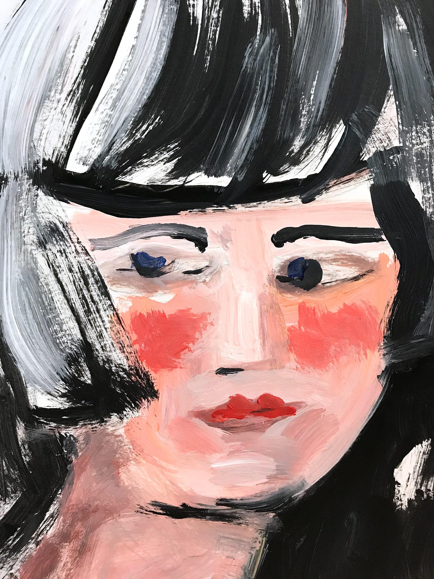 Abstraktes Porträt, Ölgemälde auf Papier, „Going to Paris n' Not looking Back“ – Painting von Cindy Shaoul