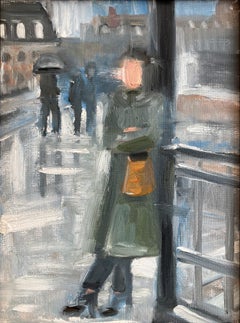 "Waiting in The Rain" Impressionist Scene Oil Painting on Canvas with Gold Frame