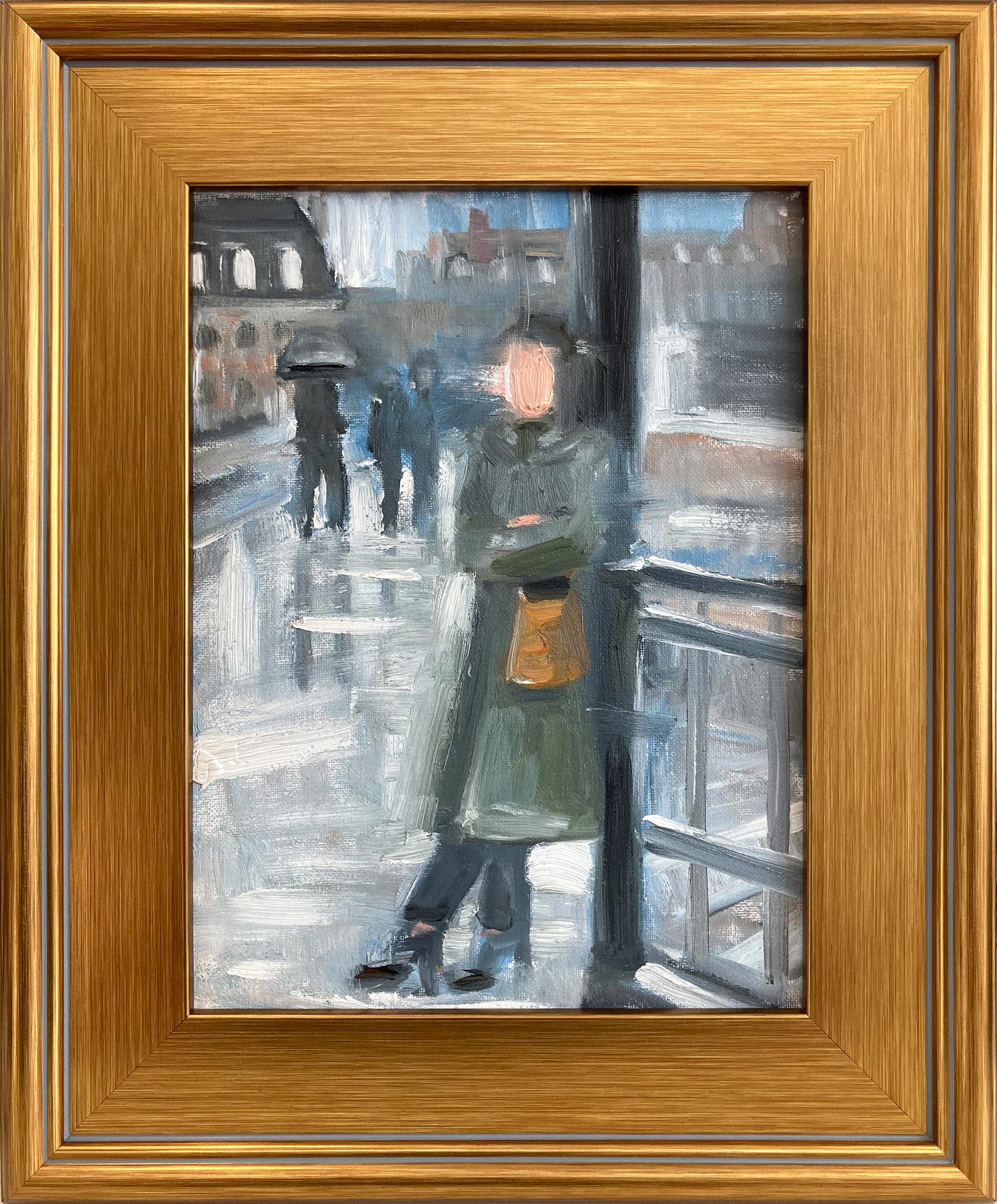 "Waiting in The Rain" Impressionist Scene Oil Painting on Canvas with Gold Frame