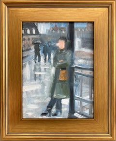 "Waiting in The Rain" Impressionist Scene Oil Painting on Canvas with Gold Frame