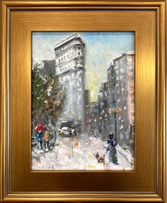"Walking by Flatiron at Twilight -NYC-" Impressionist Snow Scene Oil Painting