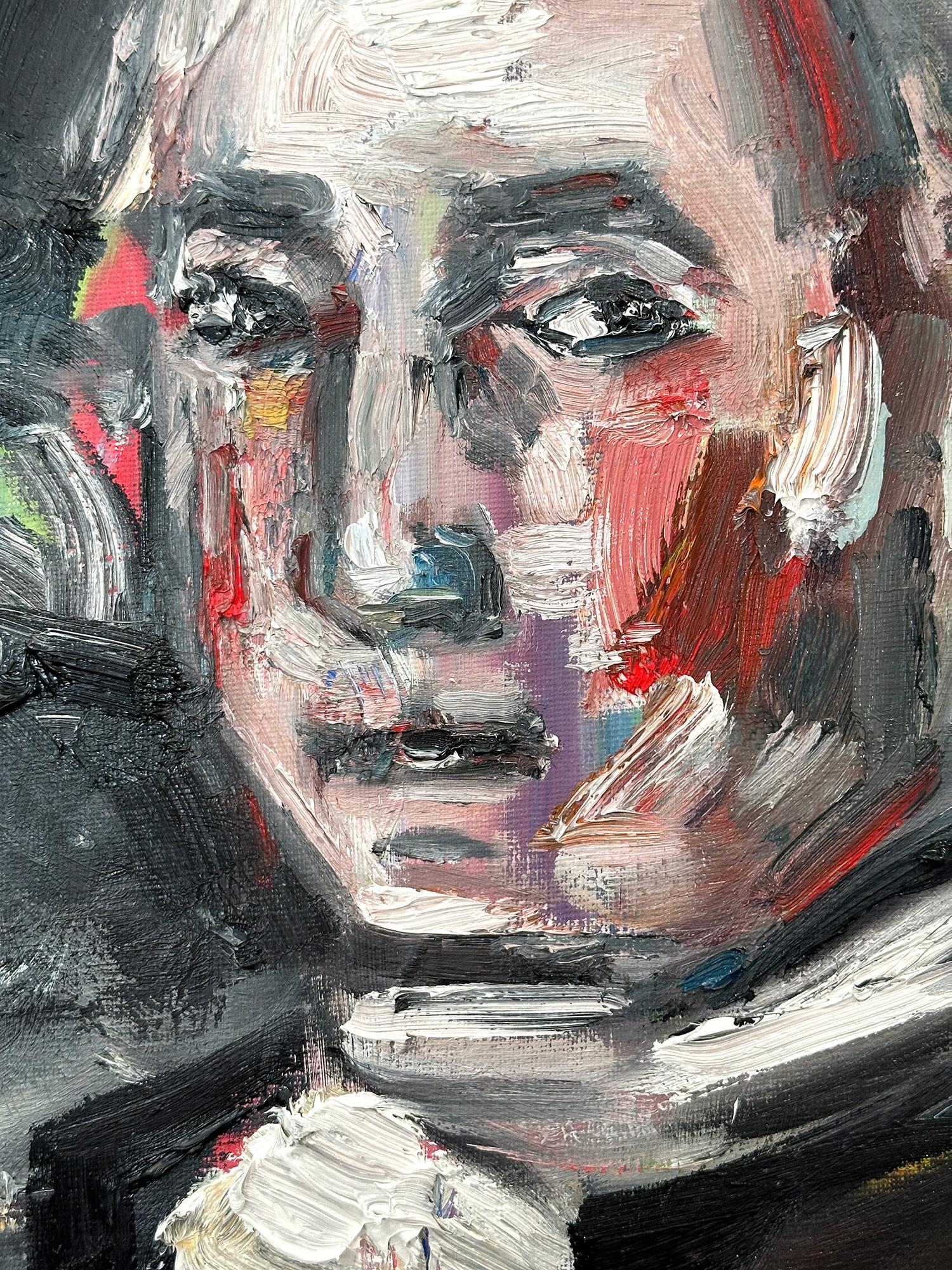 This painting depicts an impressionistic and abstract portrait of George Washington. The thick brush strokes and fun marks creates an atmosphere reminiscent of the impressionists from the 20th Century. We can feel the moment in time effortlessly.
