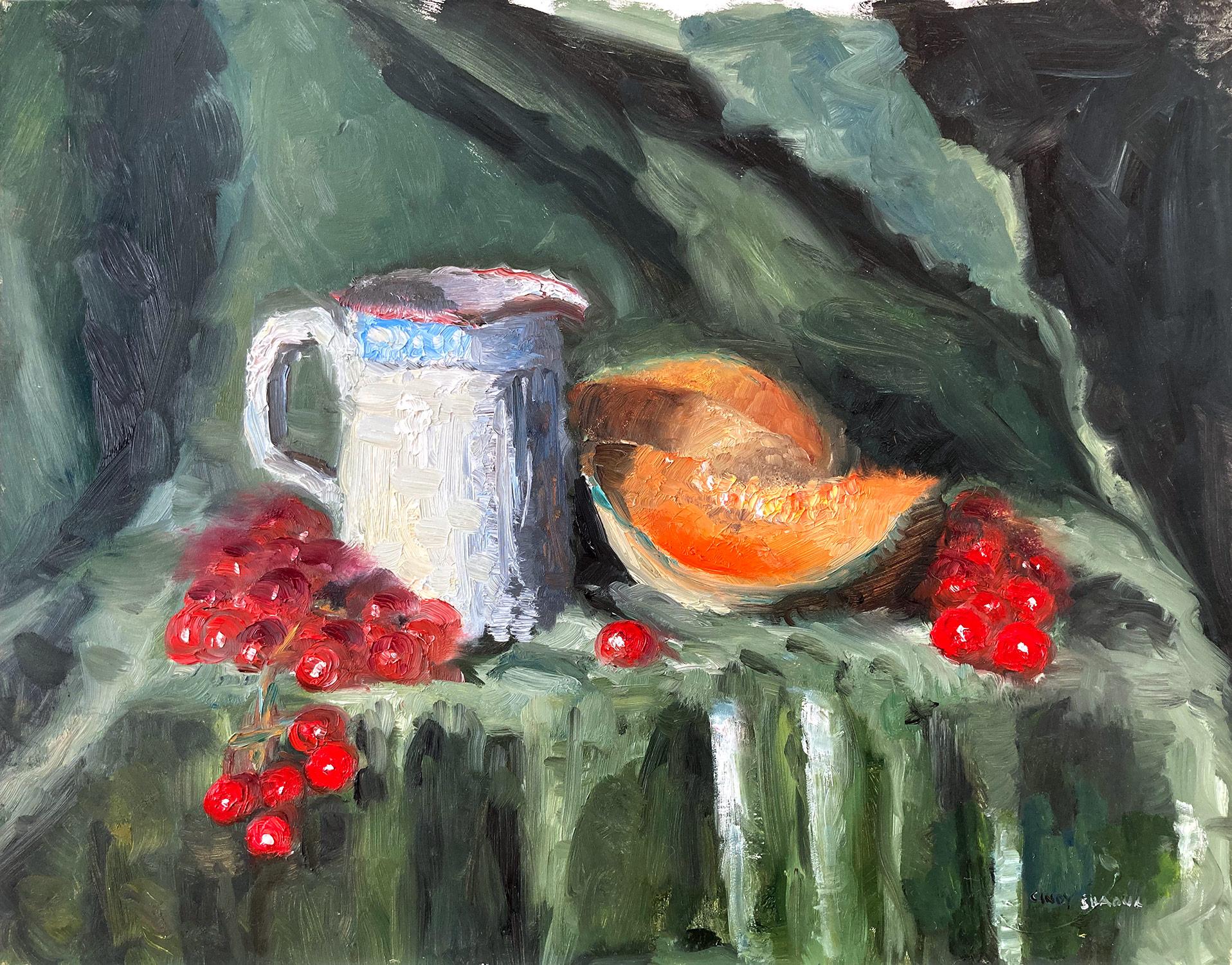 Cindy Shaoul Abstract Painting - "Water Jug with Grapes" Impressionistic Colorful Contemporary Oil Painting 