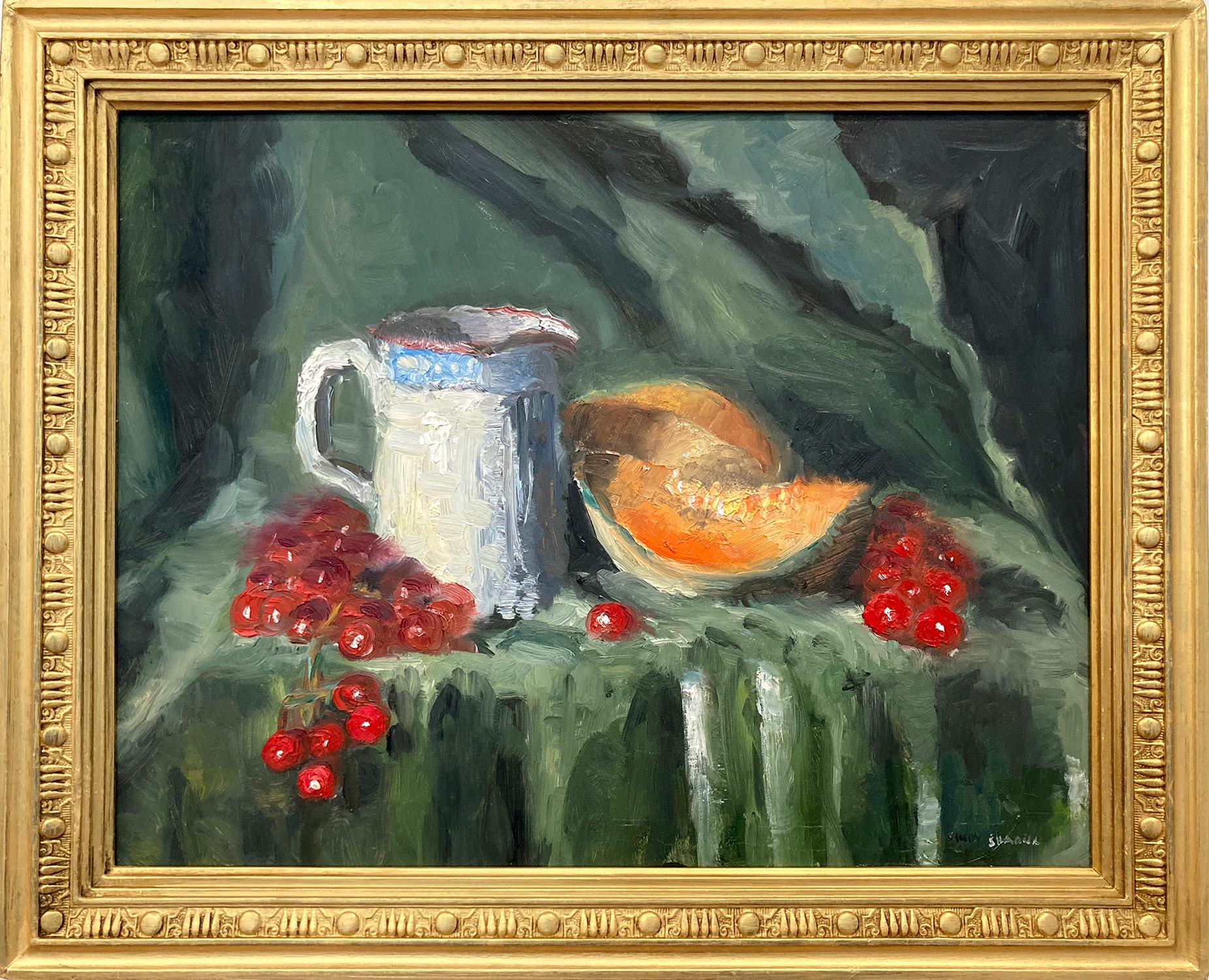 Cindy Shaoul Abstract Painting - "Freshly Cut" Cantaloupe with Water Jug and Grapes Impressionistic Oil Painting