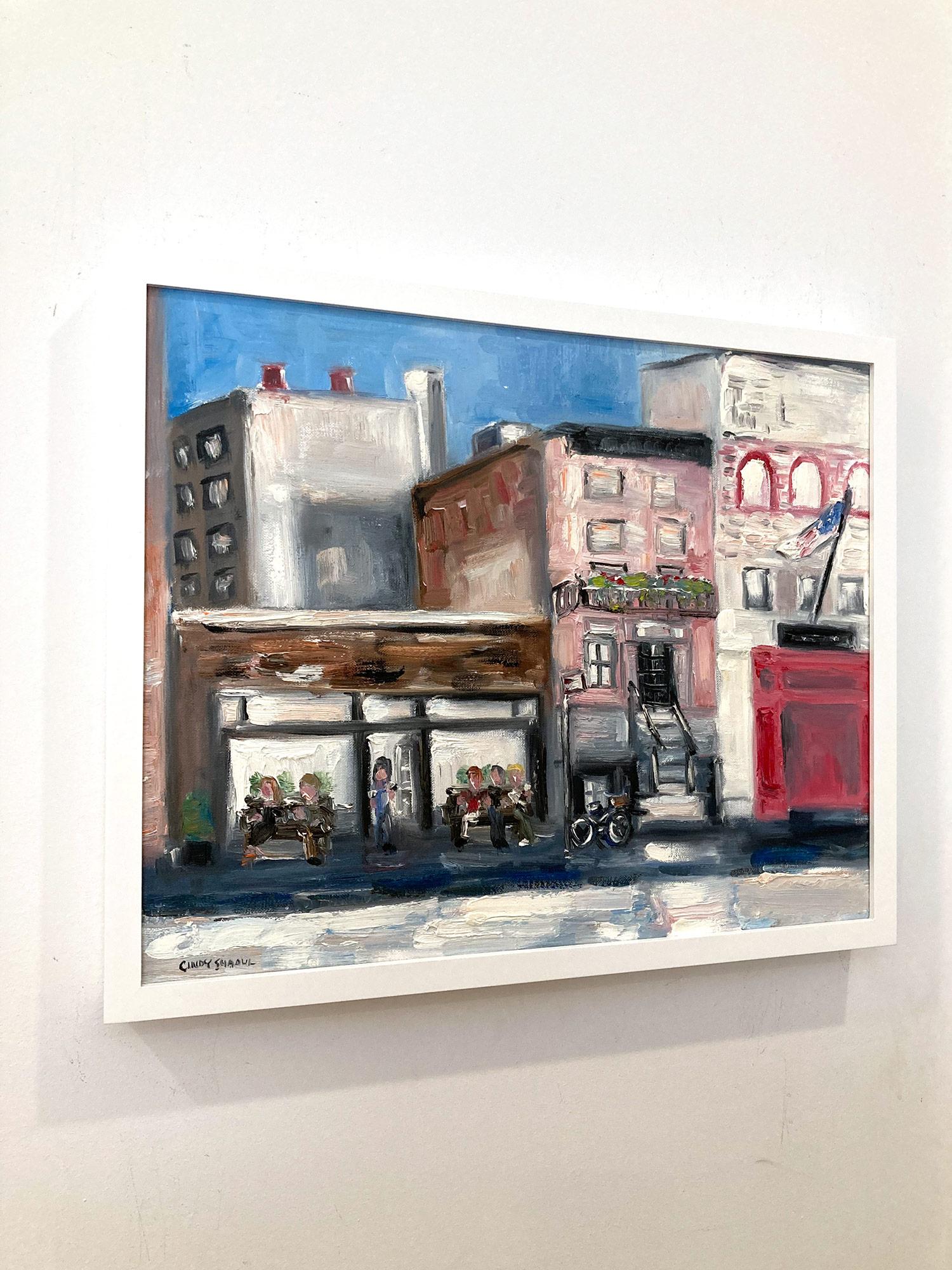« West Village Coffee Stop », peinture à l'huile d'une rue en plein air de New York avec des personnages en vente 10