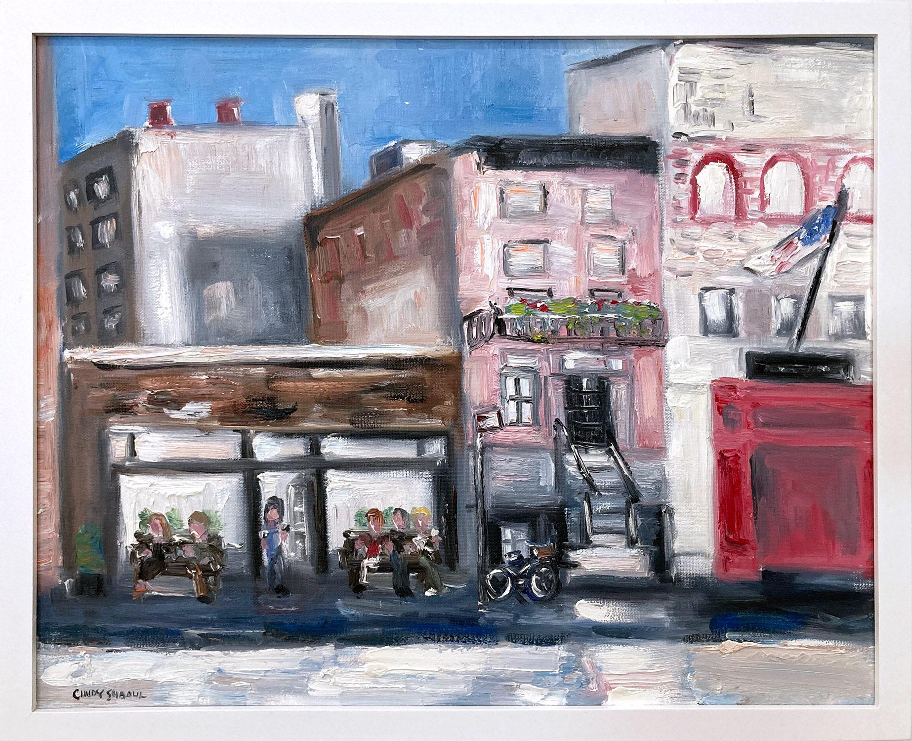 Cindy Shaoul Landscape Painting - "West Village Coffee Stop" Oil Painting of a Plein Air Street NYC with Figures