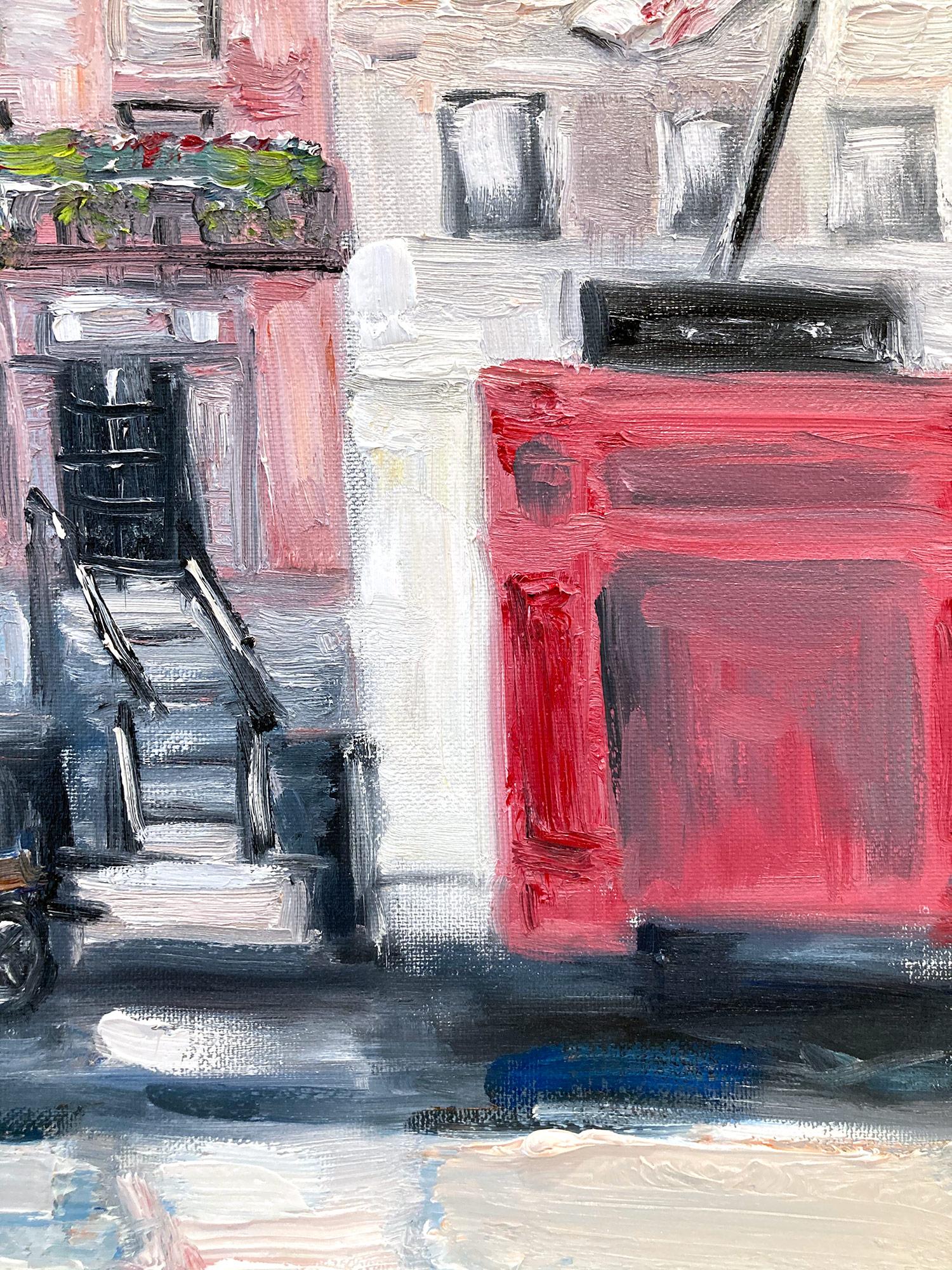 « West Village Coffee Stop », peinture à l'huile d'une rue en plein air de New York avec des personnages en vente 1