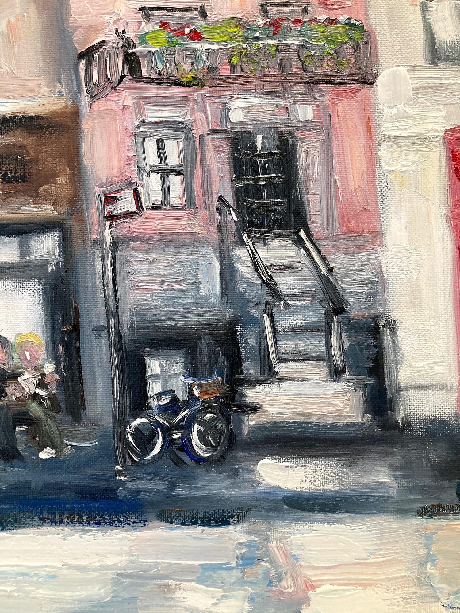 « West Village Coffee Stop », peinture à l'huile d'une rue en plein air de New York avec des personnages en vente 2