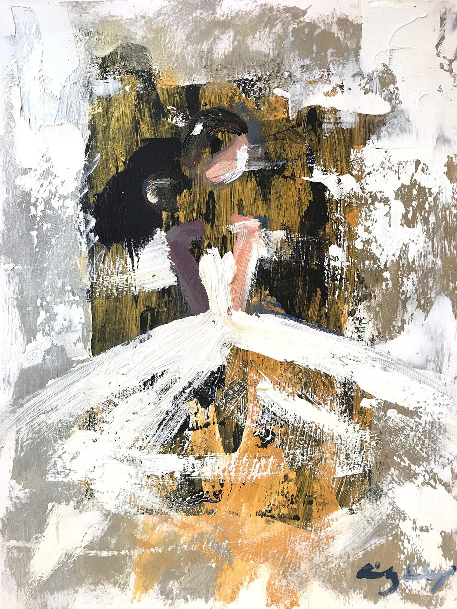 Cindy Shaoul Abstract Painting – „Winter in Paris“ Figur mit Kleid Französisch Haute Couture Ölgemälde auf Papier