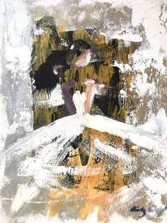 Peinture à l'huile sur papier - Figure avec robe de haute couture française