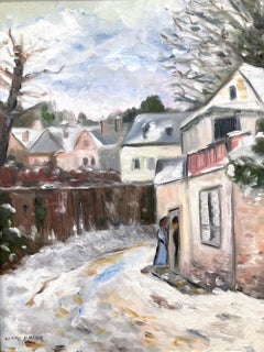 "Winter in the Snow" Figures in a Village Impressionistic Oil Painting on Canvas