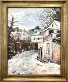 "Invierno en la nieve" Figuras en un pueblo Pintura al óleo impresionista sobre lienzo