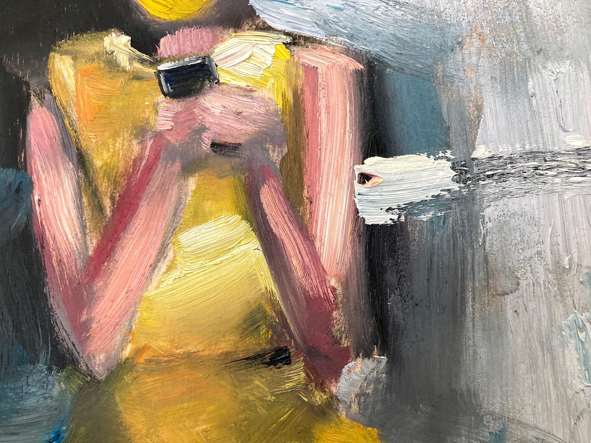 A very whimsical depiction of a woman blowing bubbles in a yellow dress texting on her phone. This piece captures the essence of fashion and Haute Couture effortlessly. Done in a very modern and impressionistic style, the colors are bright yet