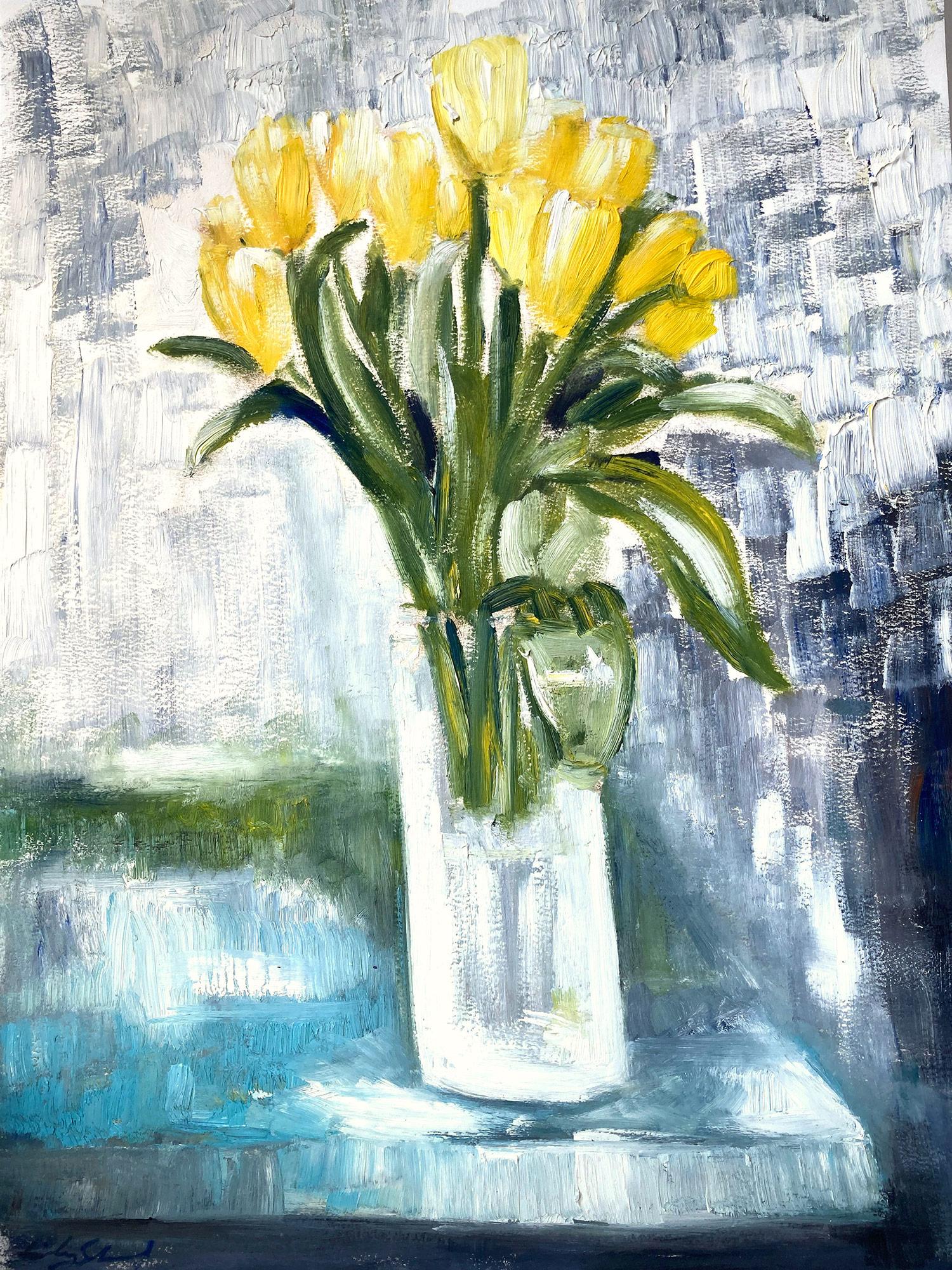 "Yellow Tulips" Impressionistic Colorful Contemporary Oil Painting on Paper