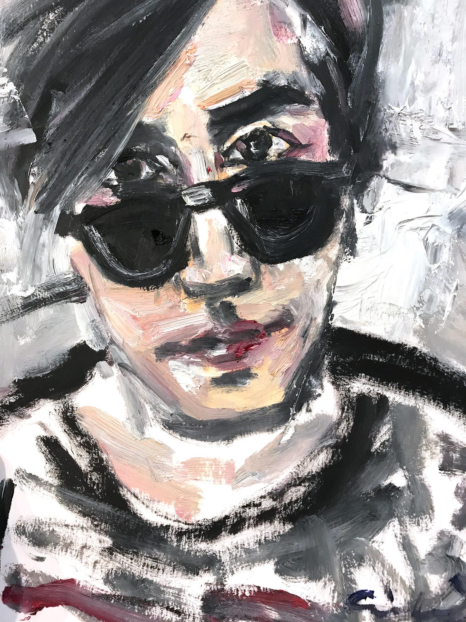 Cindy Shaoul Abstract Painting - "Young Andy in Sunglasses" Figure of Andy Warhol NYC Oil Painting on Paper