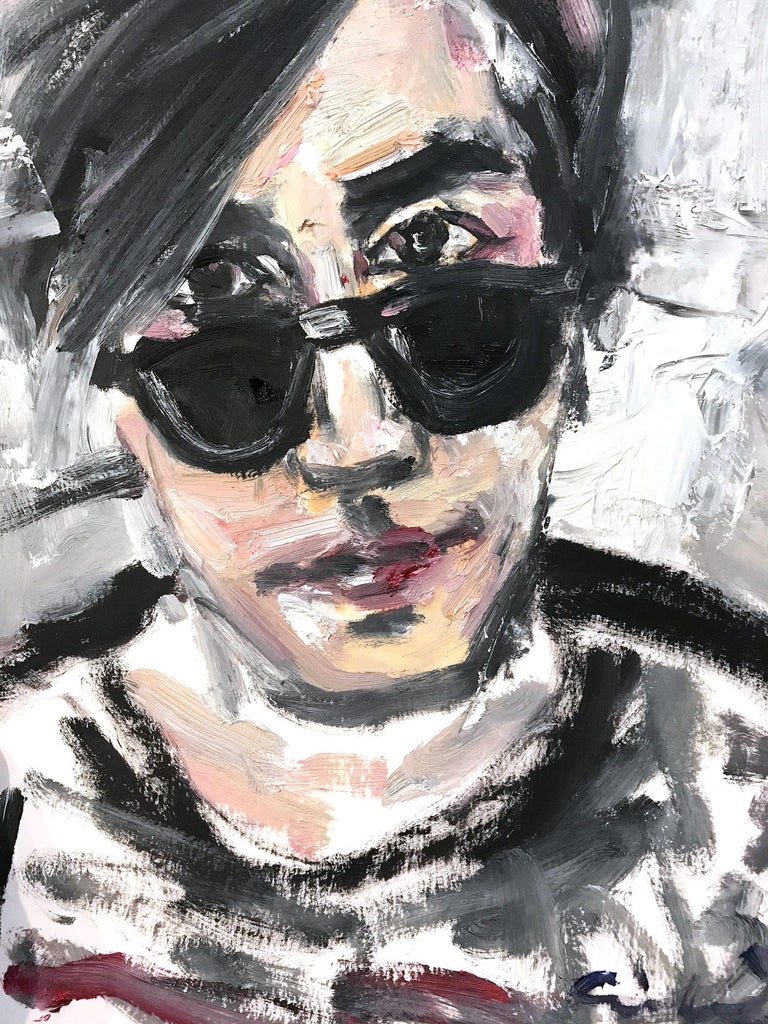 Cindy Shaoul Young Andy In Sunglasses Figure Of Andy Warhol Nyc Oil Painting On Paper For Sale At 1stdibs