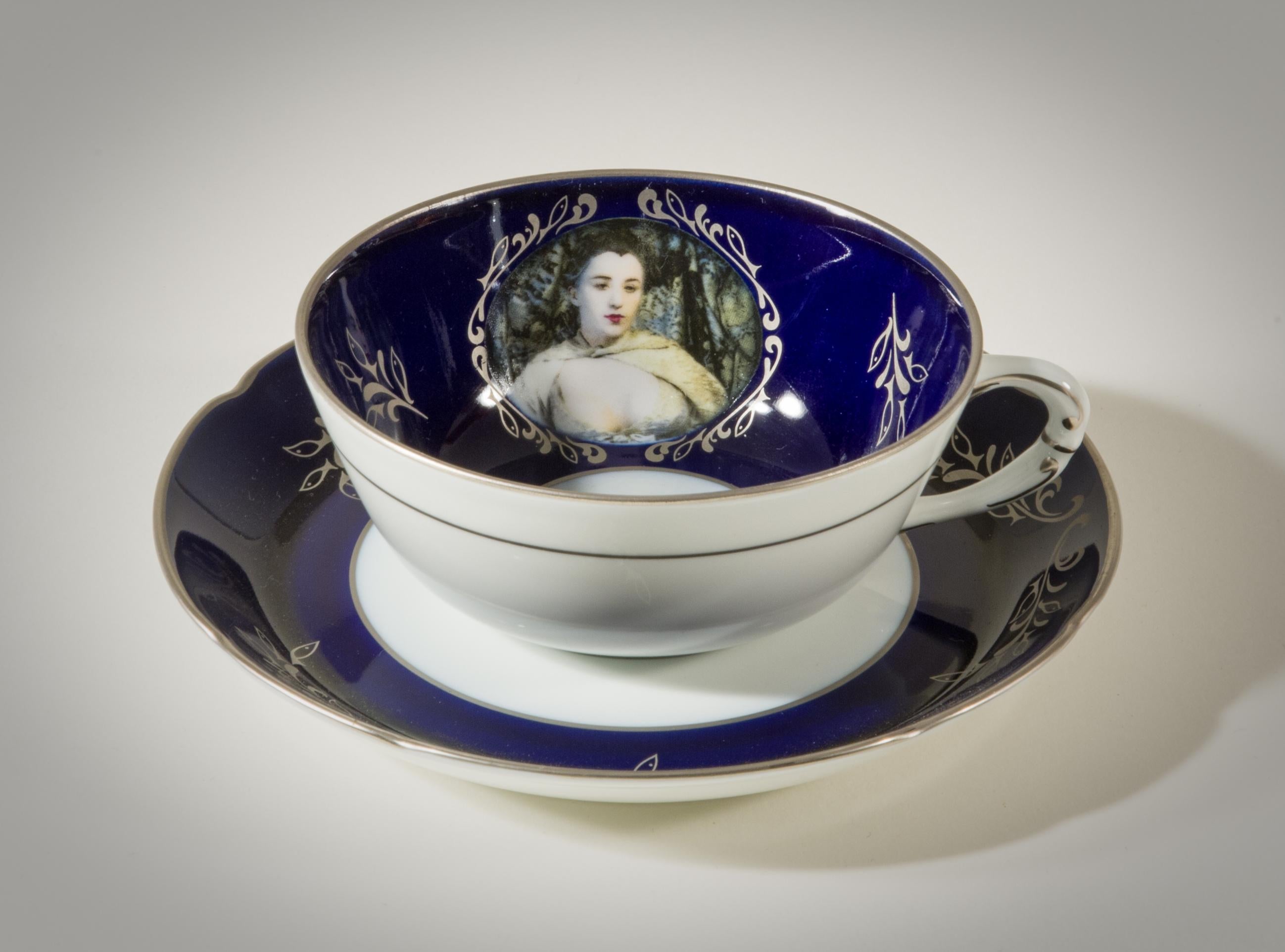 Madame de Pompadour (née Poisson) tea set, 1990
21-piece porcelain Tea Service: 
1 teapot
1 sugar bowl
1 creamer
6 cups
6 saucers
6 dessert plates
dimensions vary
Edition of 75 in blue

Included are the original fitted boxes. 

Cindy Sherman created