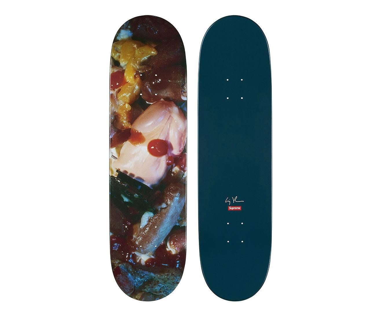Cindy Sherman Supreme skateboard decks:
Born out of the collaboration between Cindy Sherman and Supreme in 2017, this sold-out skate diptych, features original images from Sherman's much heralded Grotesque Series of photo stills. Sherman’s printed