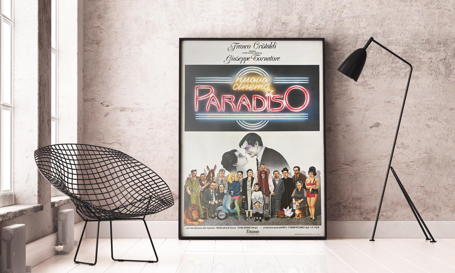 Wonderfully fun artwork on this country-of-origin poster for Tornatore's Cinema Paradiso. Cecchini design looks fantastic on the beautiful and large Italian 2 Foglio.

This original vintage movie poster was originally folded (as issued) and has