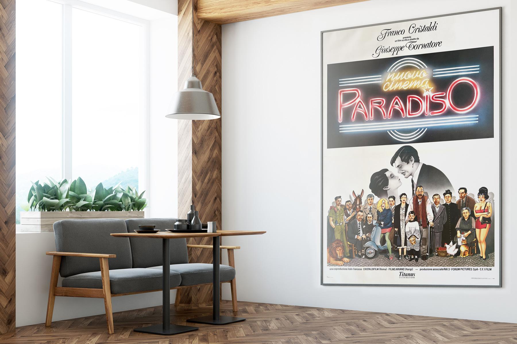Wonderfully fun artwork on this country-of-origin poster for Tornatore's Cinema Paradiso. Looks particularly fantastic on the scale of the Italian 4 Foglio poster. Beautiful design by Sandro Cecchini.

This original vintage movie poster was