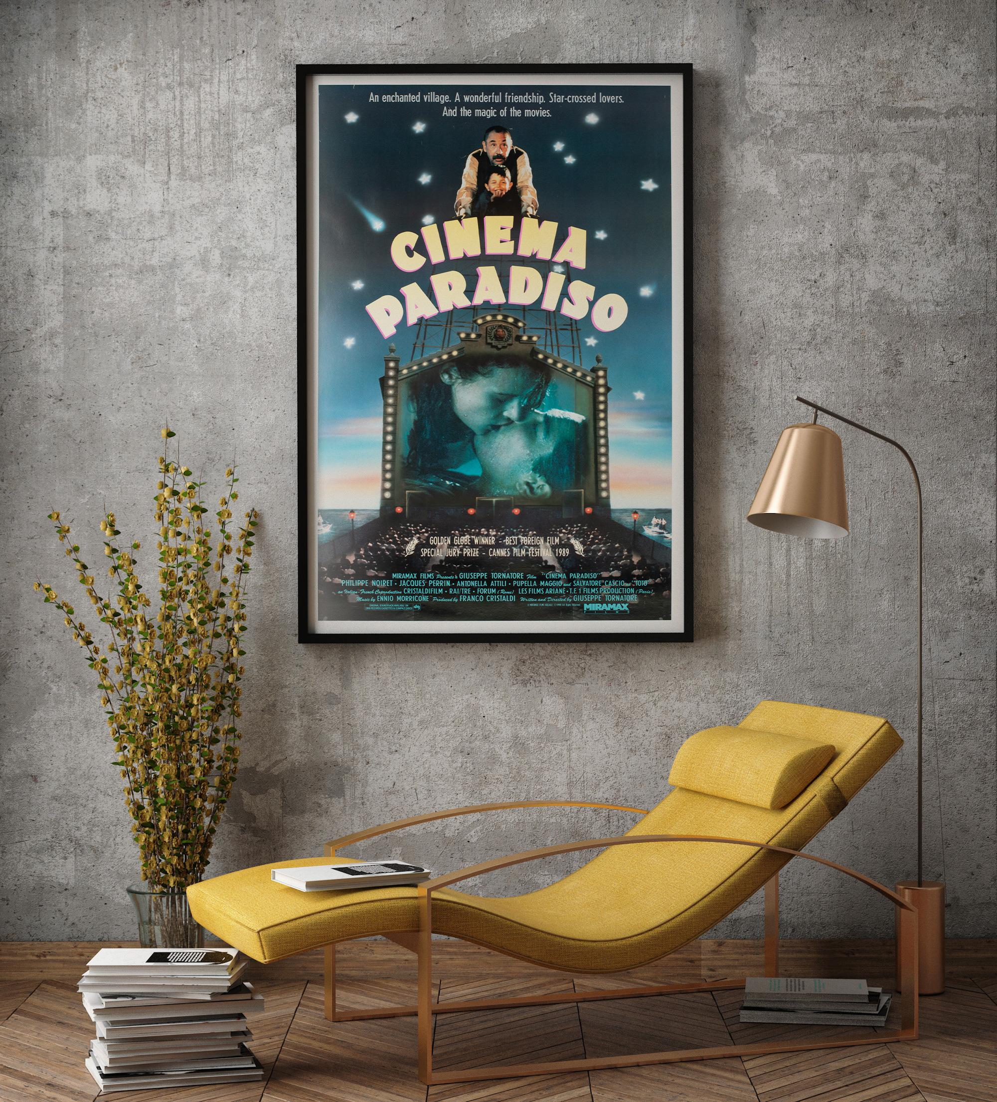 The smashing US poster for Tornatore's modern classic Cinema Paradiso.

This vintage movie poster has been professionally linen-backed in the European style (without any restoration) and is sized 27 1/2 x 40 1/2 inches (40 x 43 inches including
