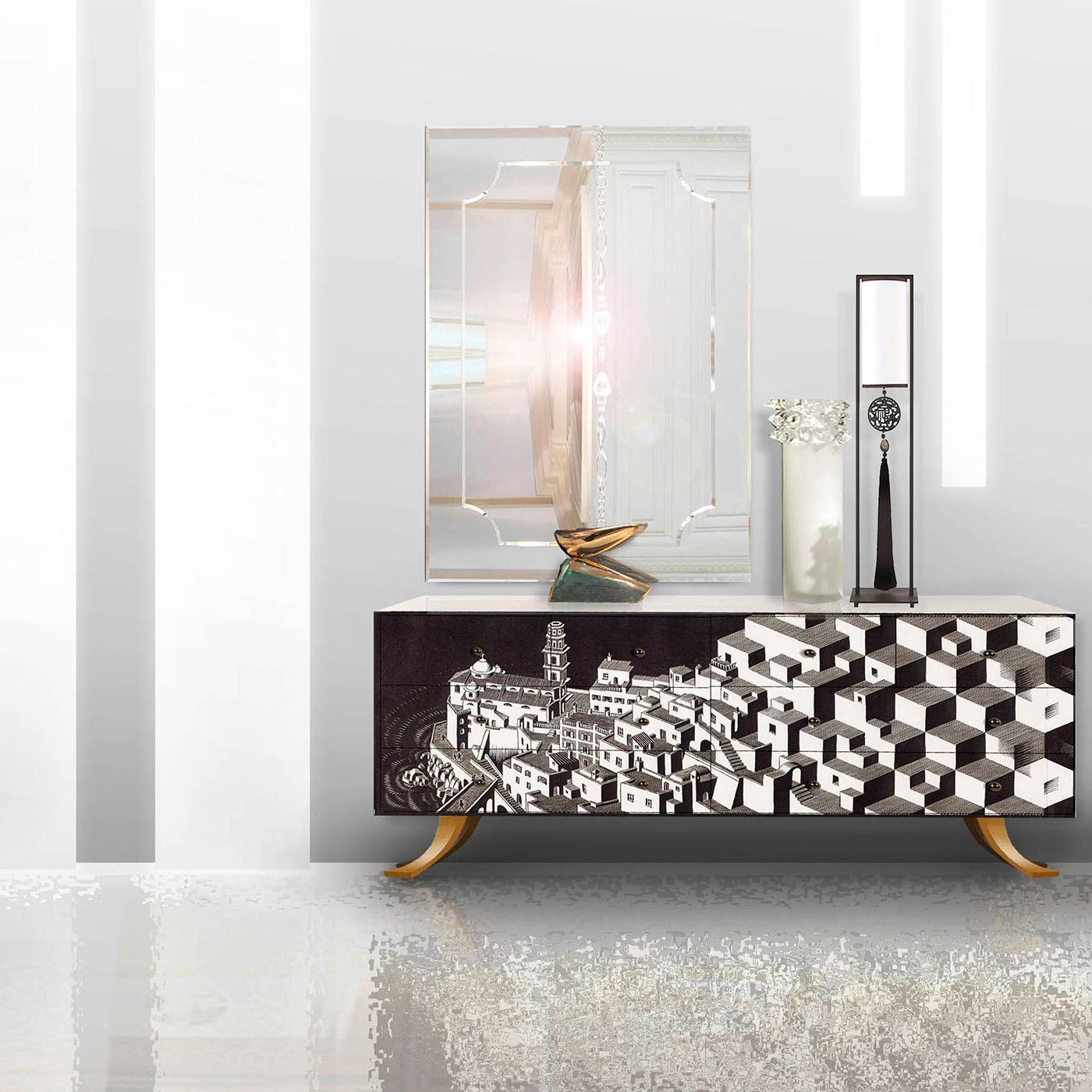 This stunning object of functional decor is a work of art that will enrich a modern or eclectic interior, while also providing precious storage space in the four large bottom drawers and the four top drawers. Entirely crafted of wood with a unique