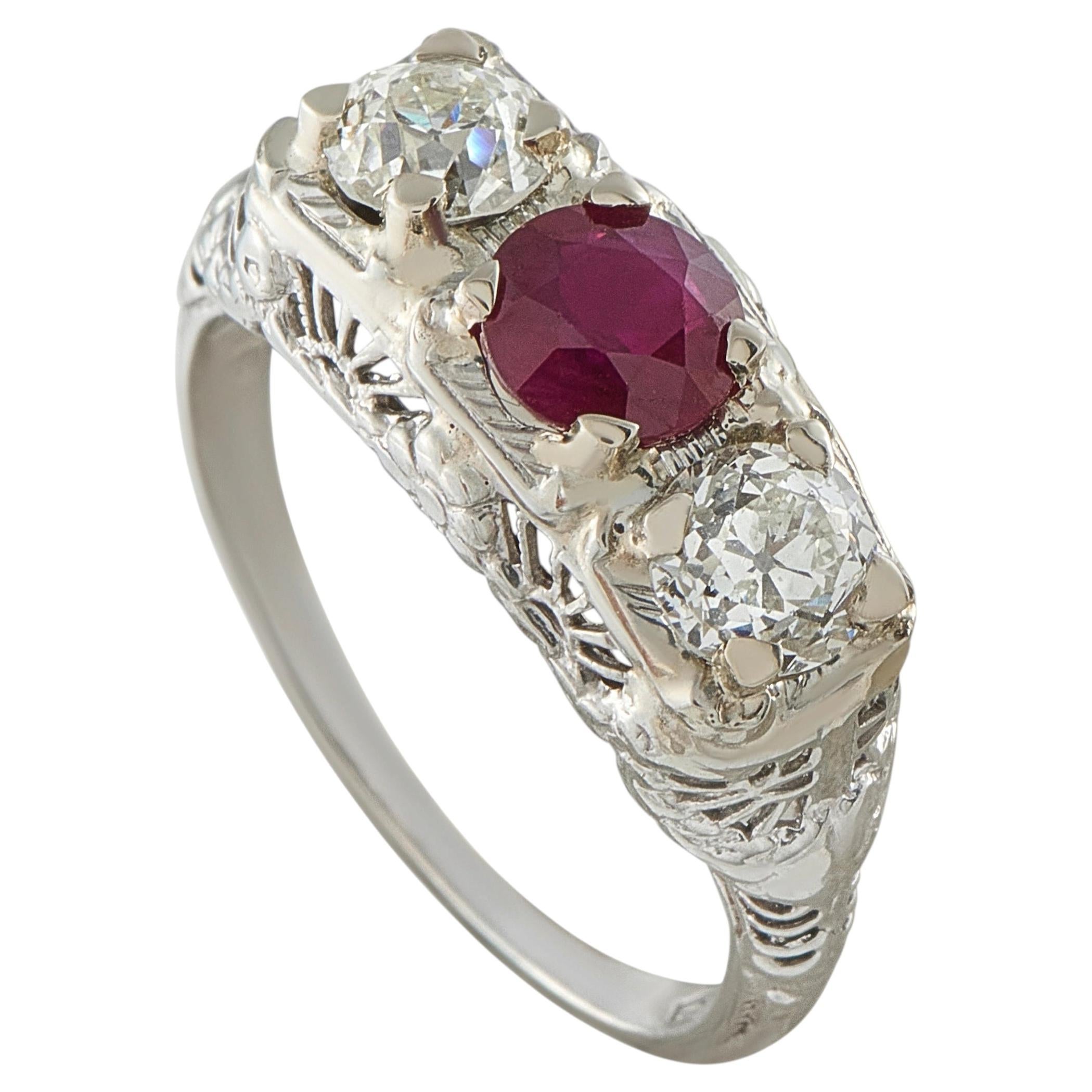 Ciner 18K White Gold 0.90ct Diamond and Ruby Art Deco Ring CI11-070726 For Sale