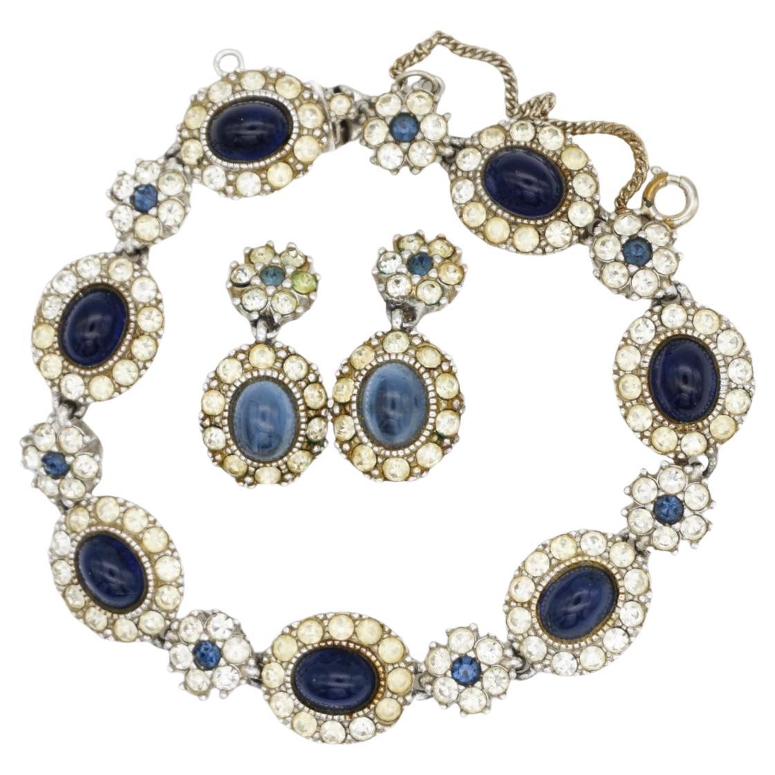 Ciner 1960s Vintage Sapphire Oval Crystals Clear Flower Circle Cabochon 2 Set For Sale